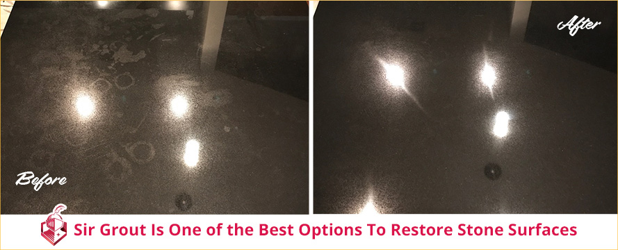 Prior to Sir Grout's Service, This Stone Countertop Was Damaged and Now It's Polished and Shiny
