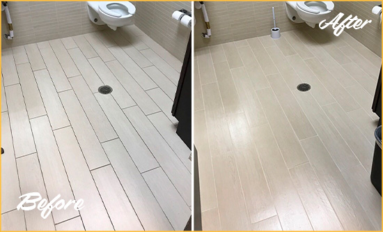 Before and After Picture of a Tile Grout Sealing in an Office's Restrooms