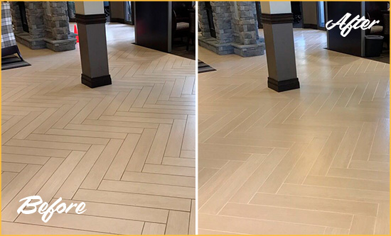 Before and After Picture of a Office Lobby Floor Recolored Grout