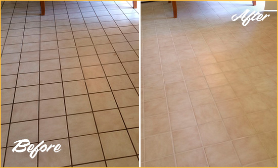 Before and After Picture of a Collierville Kitchen Tile and Grout Cleaned to Remove Embedded Dirt
