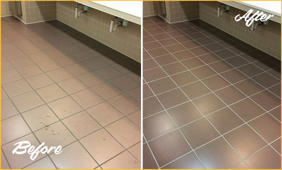 Before and After Picture of a Walls Restrooms Tile and Grout Cleaned to Remove Embedded Dirt
