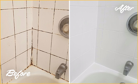 Before and After Picture of a Rossville Shower Tile and Grout Cleaned to Eliminate Mold