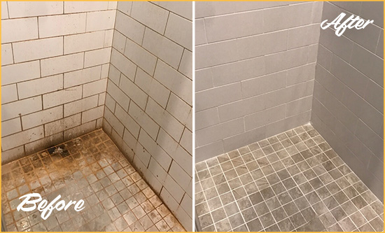 Before and After Picture of a Cordova Shower Tile and Grout Cleaned to Eliminate Mold and Stains