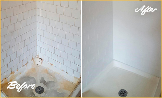 Before and After Picture of a Eads Shower Tile and Grout Cleaned to Remove Soap Scum