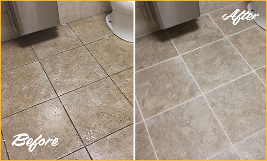 Before and After Picture of a Olive Branch Restroom Tile and Grout Cleaned to Remove Soil