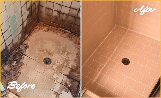 Before and After Picture of a Walls Shower Tile and Grout Cleaned to Repair Water Damage