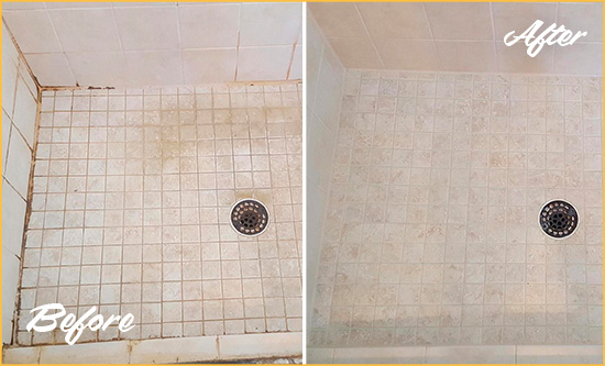 Before and After Picture of a Lakeland Shower Caulked to Fix Cracks