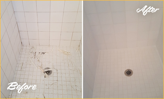 Before and After Picture of a Millington Bathroom Re-Caulked To Repair Damaged Caulking