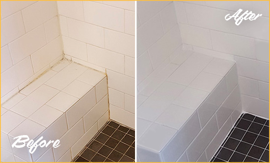 Before and After Picture of a Walls Shower Seat Caulked to Protect Against Mold and Mildew Growth