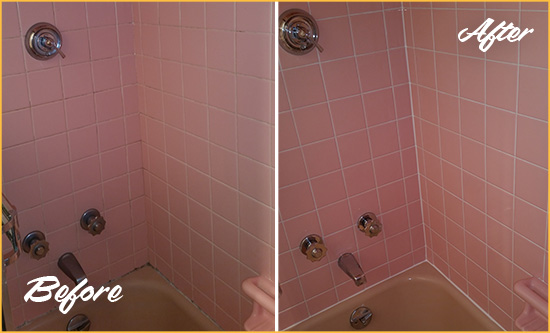 Before and After Picture of a Olive Branch Bathtub Caulked to Eliminate Mold