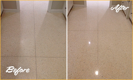 Before and After Picture of a Walls Granite Stone Floor Polished to Repair Dullness