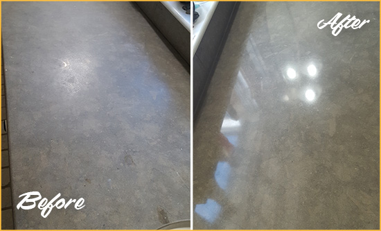 Before and After Picture of a Dull Munford Limestone Countertop Polished to Recover Its Color