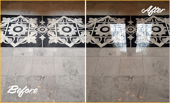 Before and After Picture of a Millington Marble Stone Floor Polished to a Mirror Shine