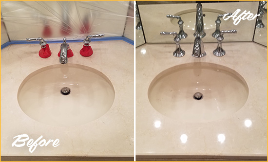 Before and After Picture of a Dull Collierville Marble Stone Vanity Top Polished to Bring-Back Its Sheen