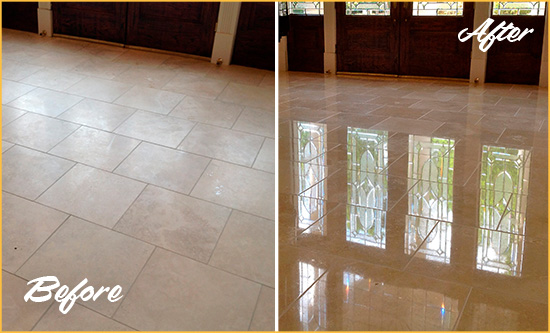 Before and After Picture of a Dull Fisherville Travertine Stone Floor Polished to Recover Its Gloss