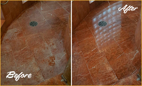 Before and After Picture of a Horn Lake Marble Stone Shower Polished to Eliminate Mineral Deposits
