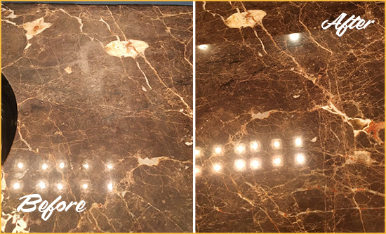 Before and After Picture of a Olive Branch Marble Stone Countertop Polished to Eliminate Stains