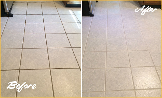 Before and After Picture of a Olive Branch Kitchen Ceramic Floor Sealed to Protect From Dirt and Spills