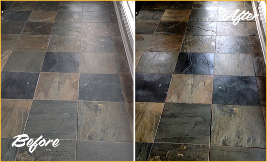 Before and After Picture of a Dull Atoka Slate Floor Sealed to Bring Back Its Colors