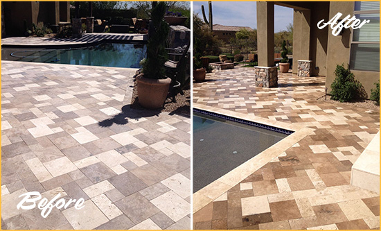 Before and After Picture of a Faded Olive Branch Travertine Pool Deck Sealed For Extra Protection