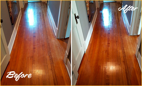 Before and After Picture of a Millington Wood Deep Cleaning Service on a Floor to Eliminate Scratches
