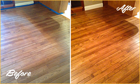 Before and After Picture of a Rossville Wood Sand Free Refinishing Service on a Dull Floor to Recover Its Sheen