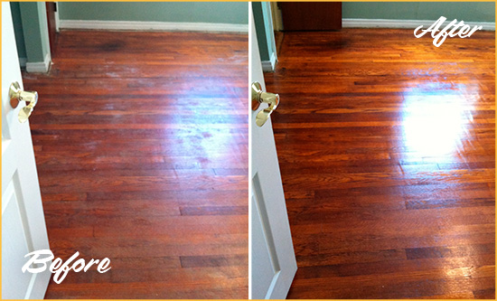 Before and After Picture of a Walls Wood Sand Free Refinishing Service on a Dull Floor to Remove Stains