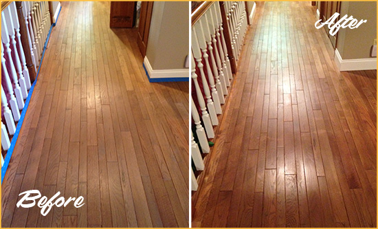 Before and After Picture of a Lakeland Wood Sand Free Refinishing Service on a Worn Out Floor