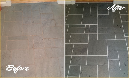 Before and After Picture of a Walls Slate Floor Cleaned to Remove Deep-Seated Dirt