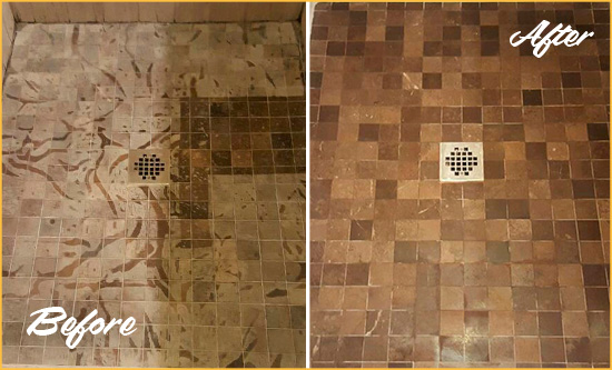 Before and After Picture of a Stained Cordova Marble Shower Floor Cleaned to Remove Etching