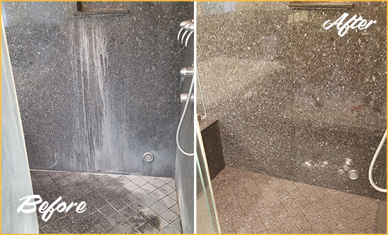 Before and After Picture of a Covington Granite Shower Cleaned to Remove Mineral Deposits