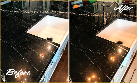 Before and After Picture of a Rossville Marble Kitchen Countertop Stone Sealed to Avoid Water Damage