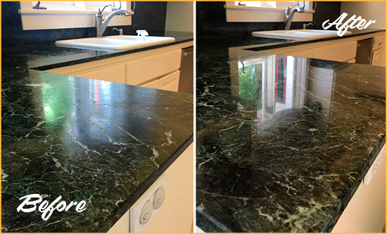 Before and After Picture of a Walls Marble Kitchen Countertop Honed to Remove Water Marks