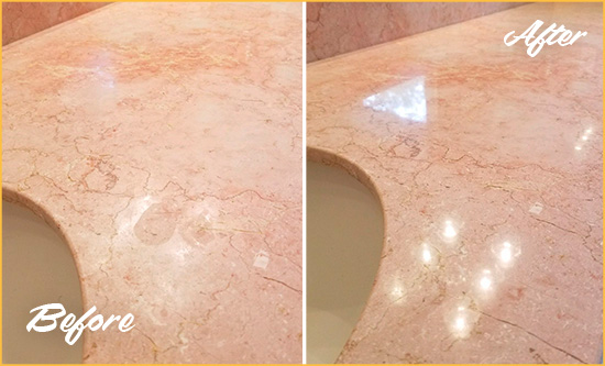 Before and After Picture of a Olive Branch Marble Vanity Top Honed to Eliminate Water Spots