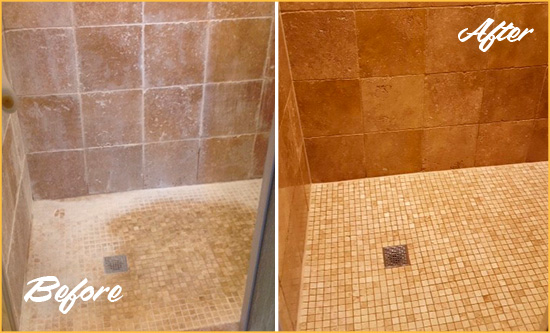 Before and After Picture of a Munford Travertine Shower Honed to Remove Mineral Deposits
