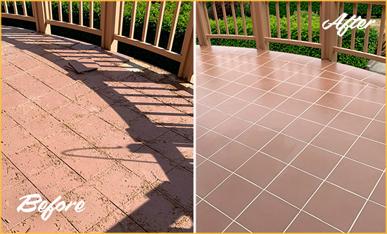 Before and After Picture of a Brighton Hard Surface Restoration Service on a Tiled Deck