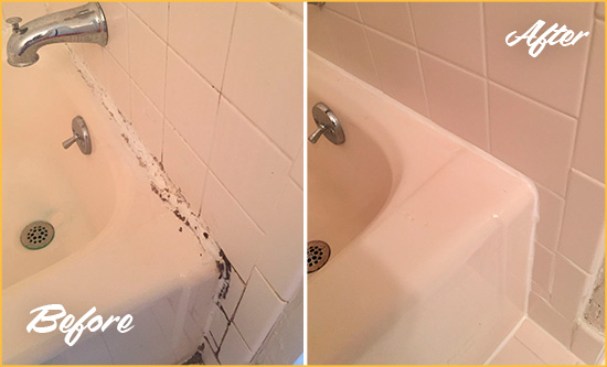 Before and After Picture of a Munford Hard Surface Restoration Service on a Tile Shower to Repair Damaged Caulking