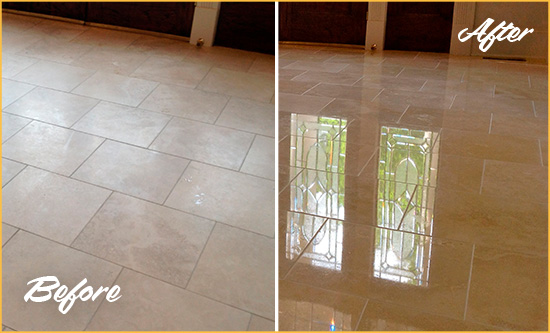 Before and After Picture of a Walls Hard Surface Restoration Service on a Dull Travertine Floor Polished to Recover Its Splendor
