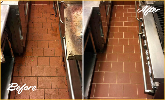 Before and After Picture of a Piperton Hard Surface Restoration Service on a Restaurant Kitchen Floor to Eliminate Soil and Grease Build-Up
