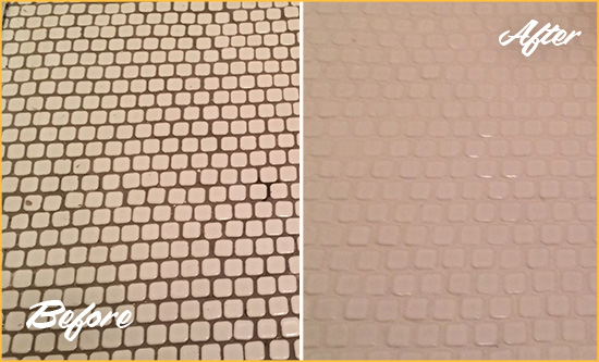 Before and After Picture of a Covington Hard Surface Restoration Service on a Bathroom Tile Floor Recolored to Fix Grout Color