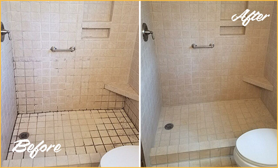 Before and After Picture of a Munford Shower Grout Cleaned to Remove Mold
