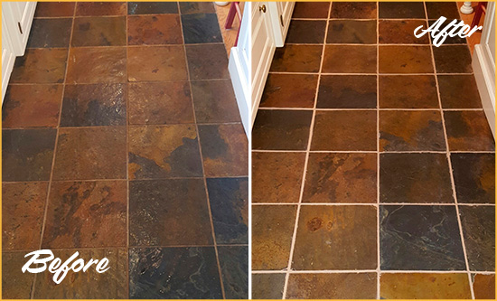 Before and After Picture of Eads Slate Floor Grout Cleaned to Remove Dirt