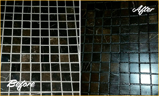 Before and After Picture of a Southaven Black Floor with Recolored Grout