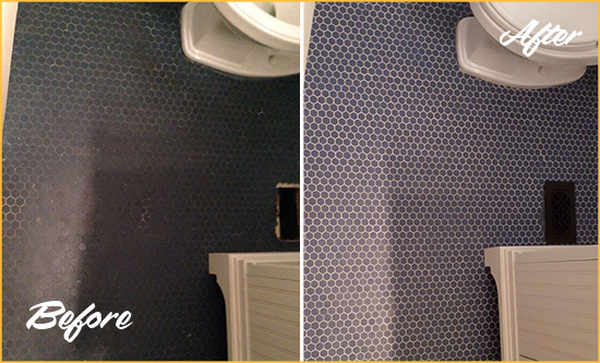 Before and After Picture of a Cordova Blue Tile Floor Recolored Grout