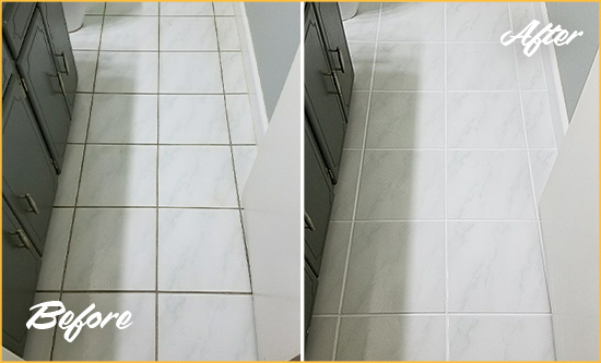 Before and After Picture of a Eads White Ceramic Tile with Recolored Grout