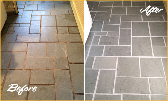 Before and After Picture of Damaged Millington Slate Floor with Sealed Grout