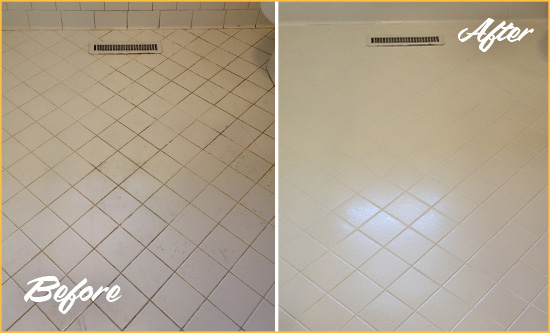 Before and After Picture of a Walls White Bathroom Floor Grout Sealed for Extra Protection