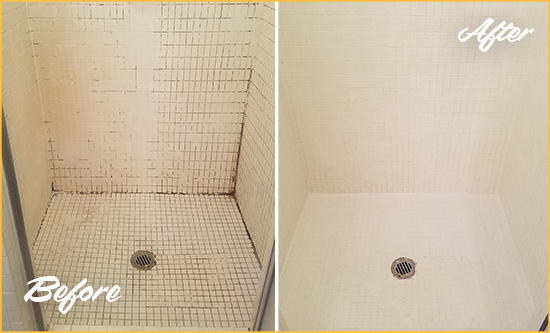 Before and After Picture of a Walls Bathroom Grout Sealed to Remove Mold