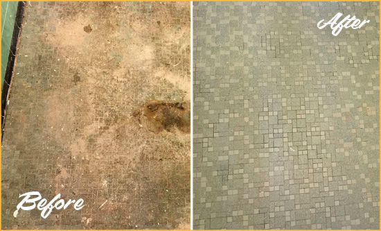 Before and After Picture of a Southaven Mosaic Shower Cleaned to Eliminate Embedded Dirt