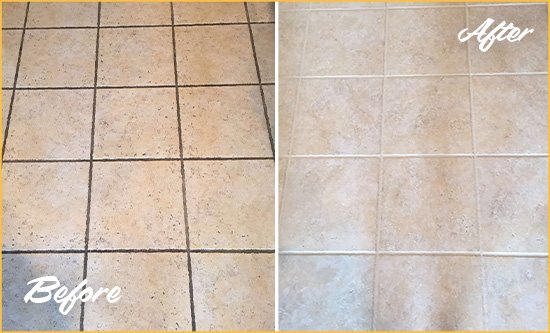 Before and After Picture of a Cordova Ceramic Floor Cleaned to Remove Soil